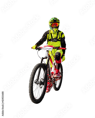 Front view of man on downhill mountain bike isolated on white
