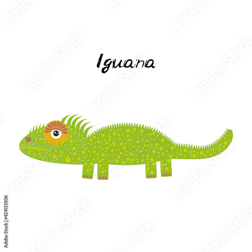 cute Kawaii green iguana  isolated on white background trend of the season. Can be used for cards for children learning words  food packaging. Vector