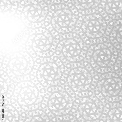Geometric swirls ornamental pattern on white silver textured background. 
