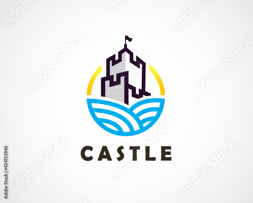 line art drawing castle kingdom secure logo symbol emblem design illustration