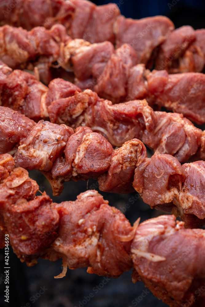 Marinated meat on skewers for further cooking. Close-up. Selective focus. Vertical. Marinated meat on skewers for further cooking. Close-up. Selective focus. Vertical.