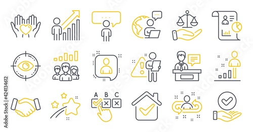 Set of People icons, such as Correct checkbox, Justice scales, Stats symbols. Report, Developers chat, Handshake signs. Teamwork results, Exhibitors, Recruitment. Employee result. Vector