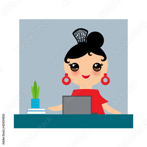 Spanish Woman flamenco dancer. Kawaii cute face with pink cheeks. Gipsy girl, red black dress, home office, online training dancing, distance learning, Isolated on white gray background. Vector