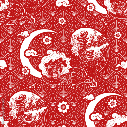 Seamless Art Japanese Repeat Pattern Red and White Theme with Bowing Tiger with Crescent Moon, Sun, Torrential Wave, Sakura Icon and Cloud on Japan Diamond Pattern Red Background for Wrapping Paper