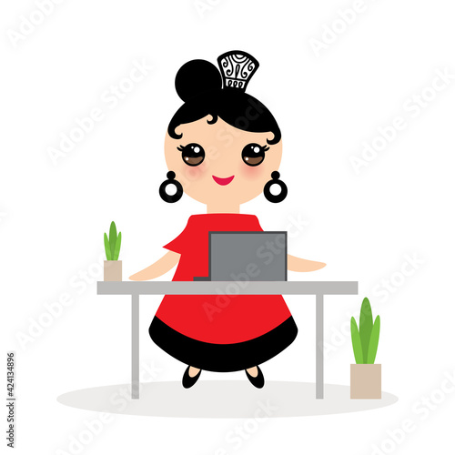 Spanish Woman flamenco dancer. Kawaii cute face with pink cheeks. Gipsy girl, red black dress, home office, online training dancing, distance learning, Isolated on white background. Vector