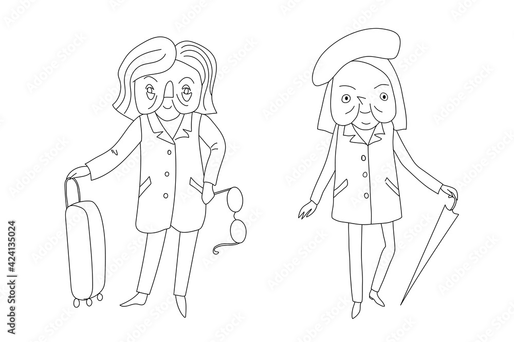 Vector two old ledies. The first lady is holding glasses and a suitcase. Second lady has an umbrella It is line drawing. Vector two old ledies. The first lady is holding glasses and a suitcase. Second lady has an umbrella It is line drawing.