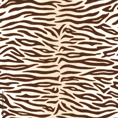 Seamless pattern. Realistic imitation of skin of white bengal tiger. Brown stripes on white background. Animal print.