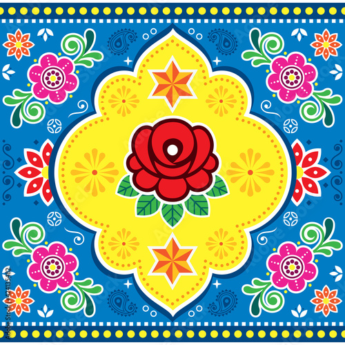 Indian and Pakistani truck art vector seamless pattern design with rose, other flowers, stars and swirls

