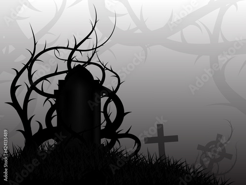 Scary cemetery in thorns forest, mysterious and creepy place.
