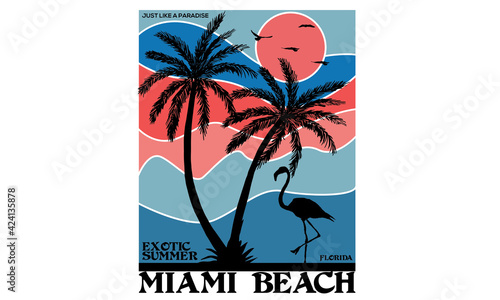 Exotic summer miami beach florida  island typography, tee shirt graphics, vectors, surf with flamingo retro design