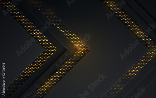 Abstract 3d background with layers of black paper. Vector geometric illustration of carbon sliced shapes with gold glittering elements.