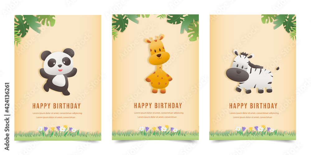 Set banner character Invitation birthday greeting card with a cute animal. jungle animals celebrate children's birthday and template invitation papercraft style vector illustration. Set banner character Invitation birthday greeting card with a cute animal. jungle animals celebrate children's birthday and template invitation papercraft style vector illustration.