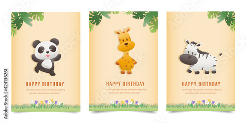 Set banner character Invitation birthday greeting card with a cute animal. jungle animals celebrate children's birthday and template invitation papercraft style vector illustration.