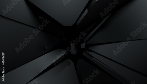 Abstract 3d background with layers of black paper. Vector geometric illustration of carbon sliced shapes with gold glittering elements. Graphic design element.