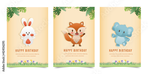 Set banner character Invitation birthday greeting card with a cute animal. jungle animals celebrate children's birthday and template invitation papercraft style vector illustration.