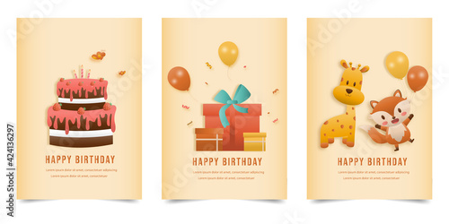 Set banner Invitation birthday greeting card with a cute animal and gift box. jungle animals celebrate children's birthday and template invitation papercraft style vector illustration.