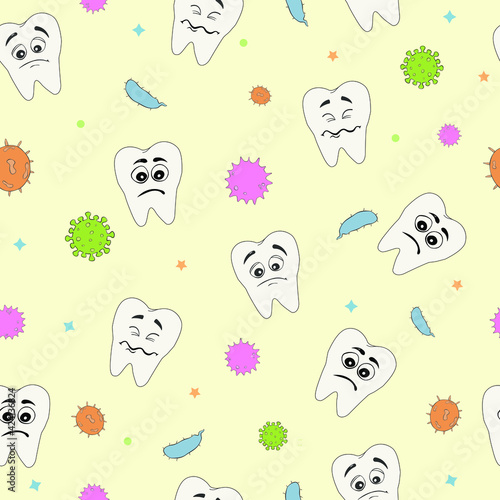 teeth with sad emotions and bacteria pattern vector illustration