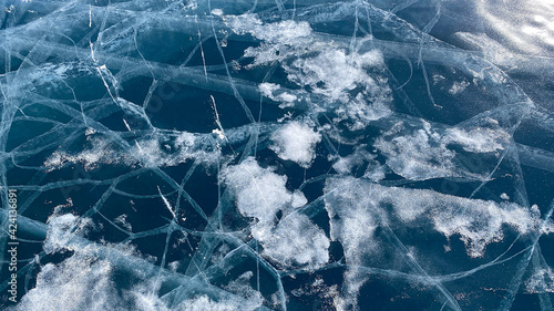 Unique amazing pattern of frozen Lake Baikal. View from above.