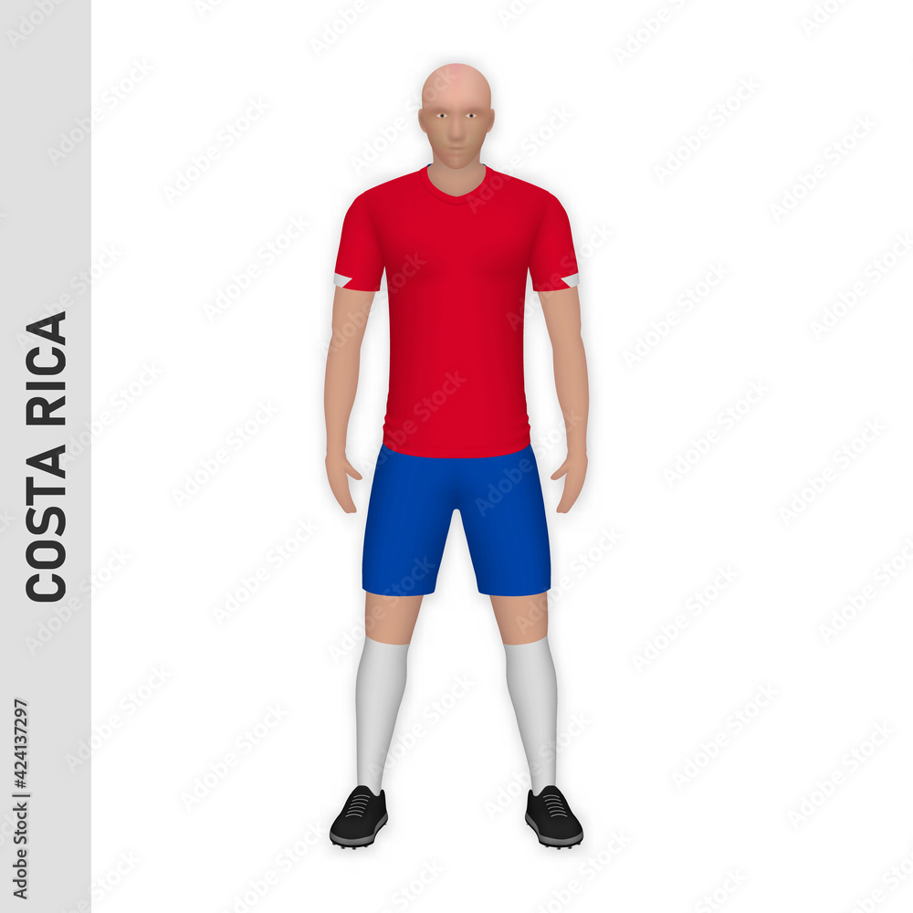 3D realistic soccer player mockup. Costa Rica Football Team Kit template