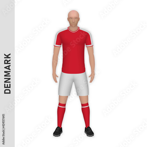 3D realistic soccer player mockup. Denmark Football Team Kit template