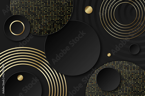 Abstract 3d background with layers of black paper. Vector geometric illustration of carbon sliced shapes with gold glittering elements.