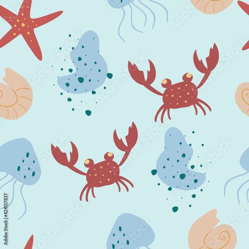 Seamless pattern vector of marine animals cartoon. Pattern for kids with whales. Sea. Ocean. Set of sea creatures seamless pattern. Childish background. Holiday design.