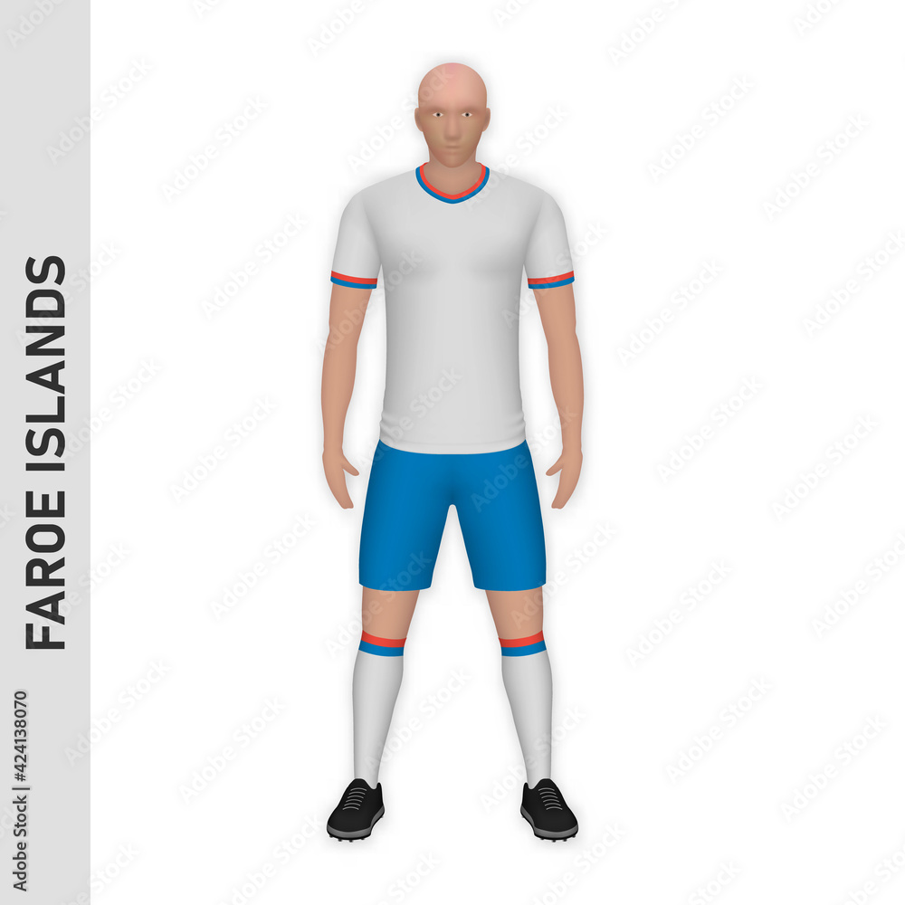 3D realistic soccer player mockup. Faroe Islands Football Team Kit template