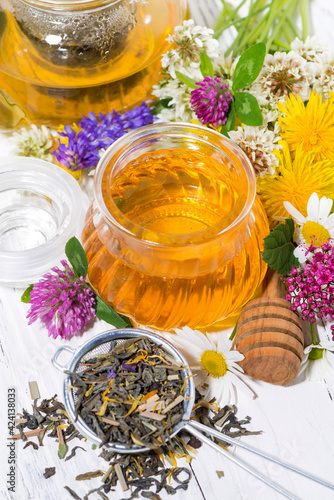 fresh flower honey, tea and ingredients, vertical top view