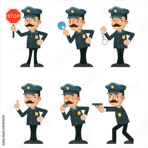 Policeman detective different gestures actions police characters set cartoon design flat vector illustration