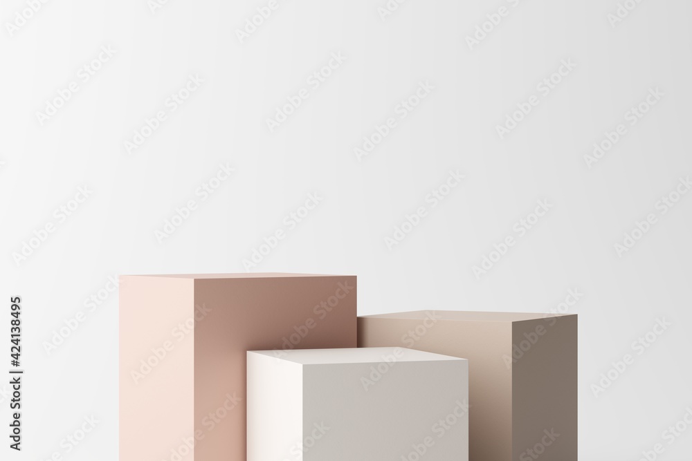 Light color studio with geometric shapes, podium on the floor. Platforms for product presentation, mockup background. Abstract composition in minimal design, 3D illustration Light color studio with geometric shapes, podium on the floor. Platforms for product presentation, mockup background. Abstract composition in minimal design, 3D illustration