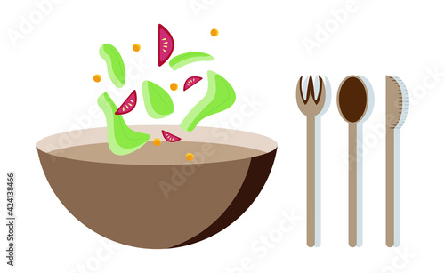 wooden eco bowl for salads with a set of cutlery made of wood. eco friendly.