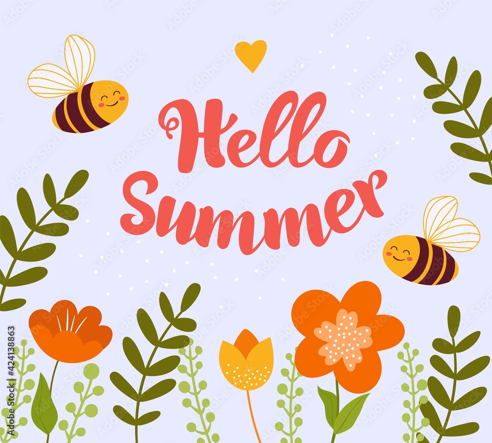 Bees fly in flowers and rejoice in summer. Vector illustration Hello Summer Bees fly in flowers and rejoice in summer. Vector illustration Hello Summer