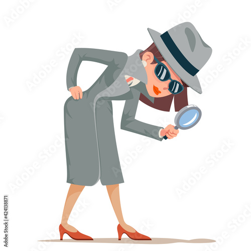 Woman snoop detective magnifying glass tec search help noir cartoon female cartoon character isolated design vector illustration