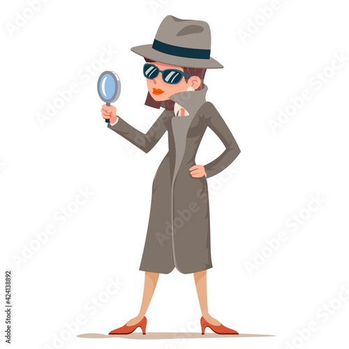 Woman snoop detective tec search evidence pursuit criminal follow the trail female character design vector illustration