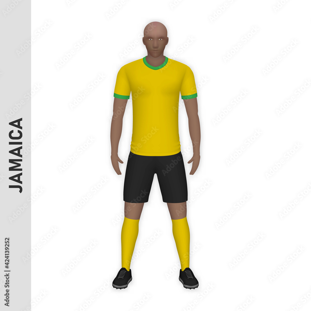 3D realistic soccer player mockup. Jamaica Football Team Kit template 3D realistic soccer player mockup. Jamaica Football Team Kit template
