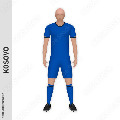 3D realistic soccer player mockup. Kosovo Football Team Kit template