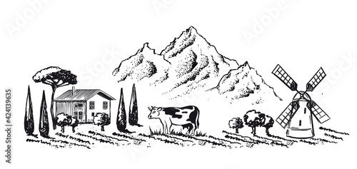 Mountain landscape. Cow in black. Windmill. Sketch style  Vector illustration. 