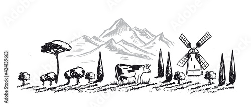 Mountain landscape. Cow in black. Windmill. Sketch style, Vector illustration.	