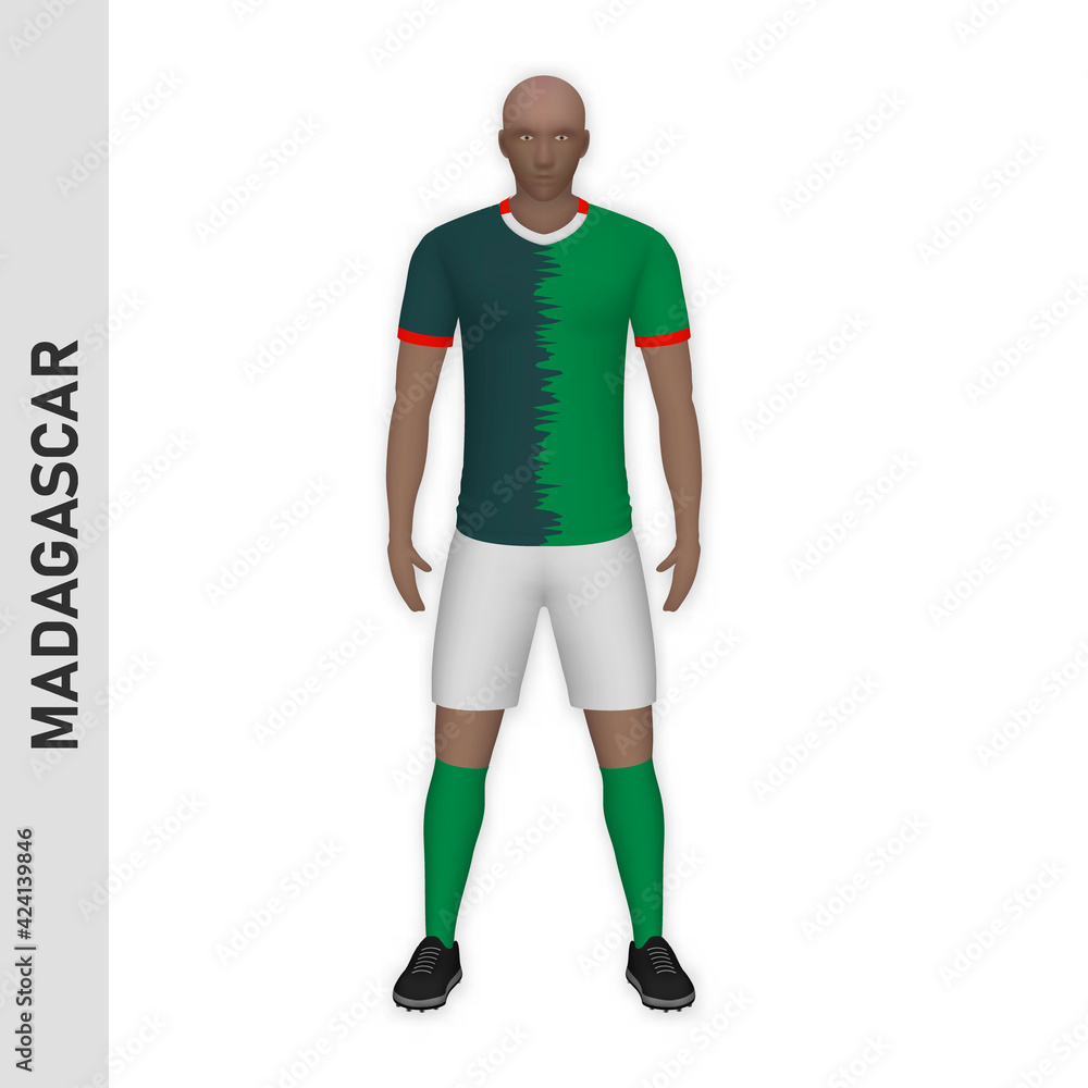 3D realistic soccer player mockup. Madagascar Football Team Kit template 3D realistic soccer player mockup. Madagascar Football Team Kit template
