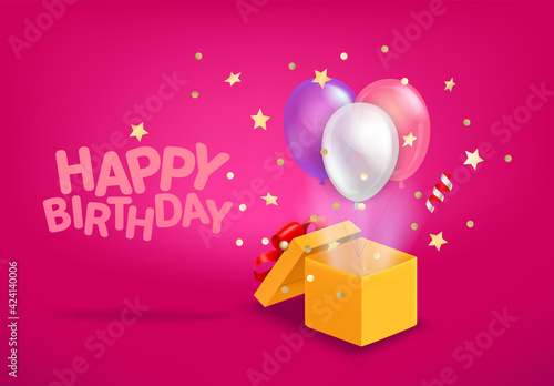 Happy birthday vector banner. Opened box with air balloons and confetti