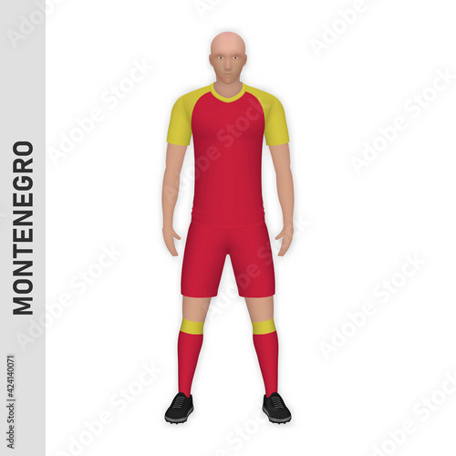 3D realistic soccer player mockup. Montenegro Football Team Kit template
