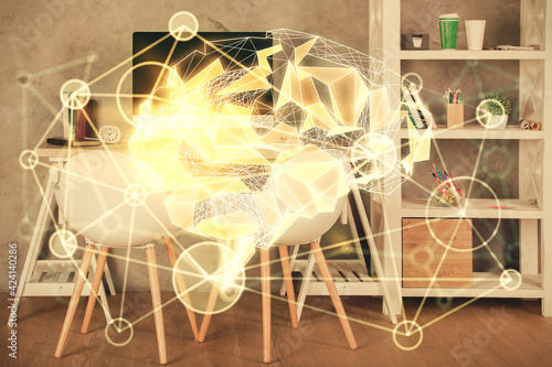 Multi exposure of brain drawing and office interior background. Concept of data technology.