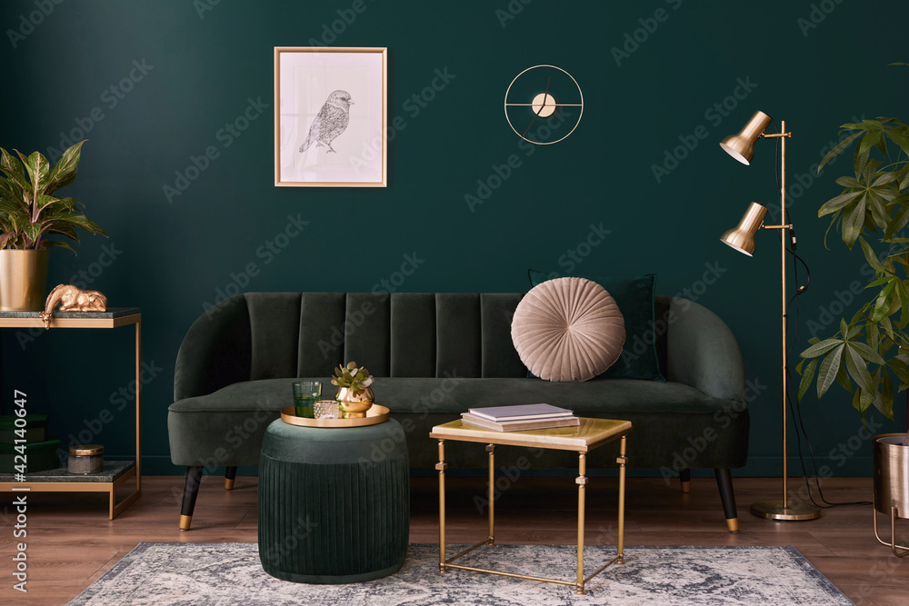 Luxury living room in house with modern interior design, green velvet ...