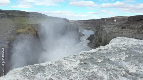 Aerial footage of the Dettifoss waterfall in Iceland, one of the most powerful in Europe
