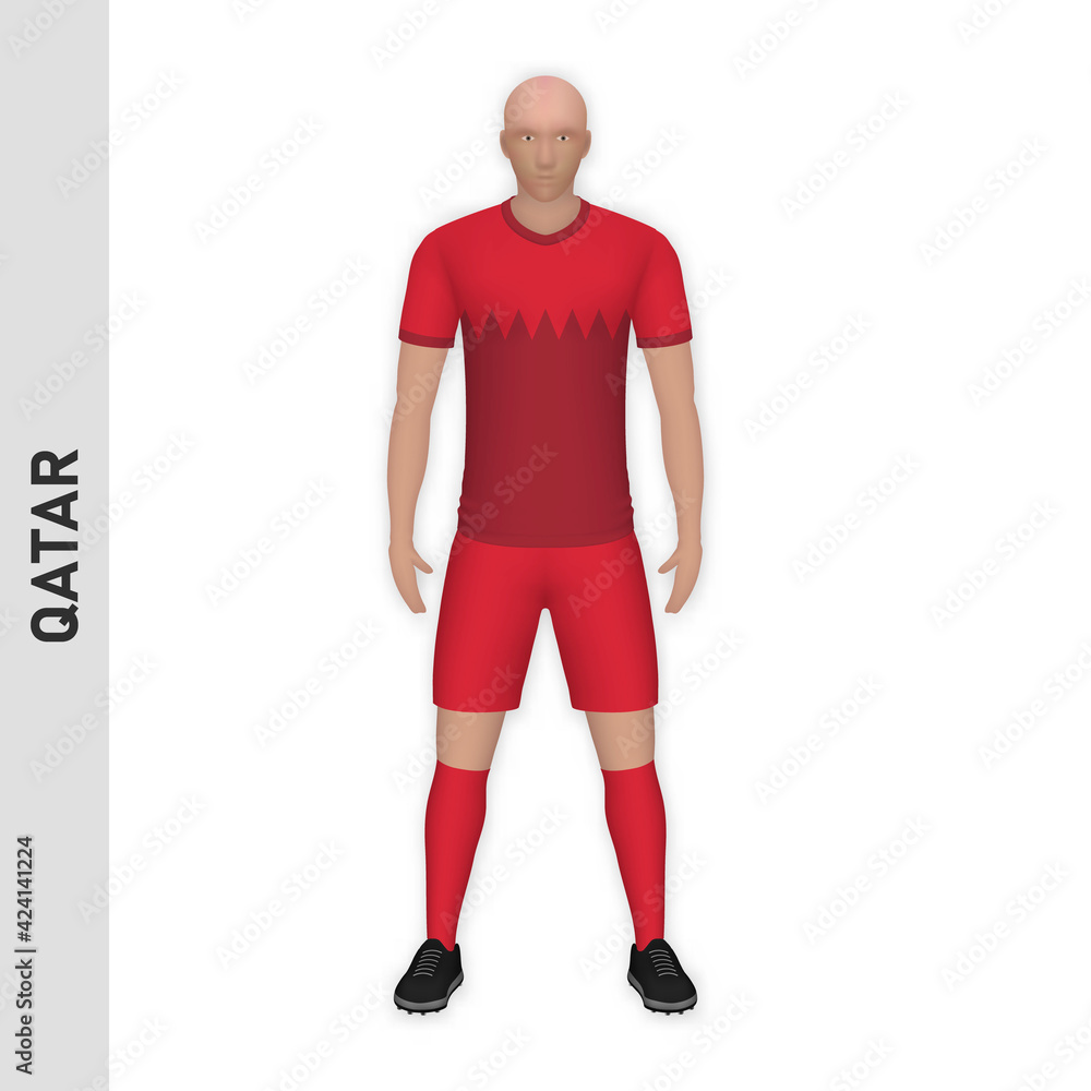 3D realistic soccer player mockup. Qatar Football Team Kit template design 3D realistic soccer player mockup. Qatar Football Team Kit template design