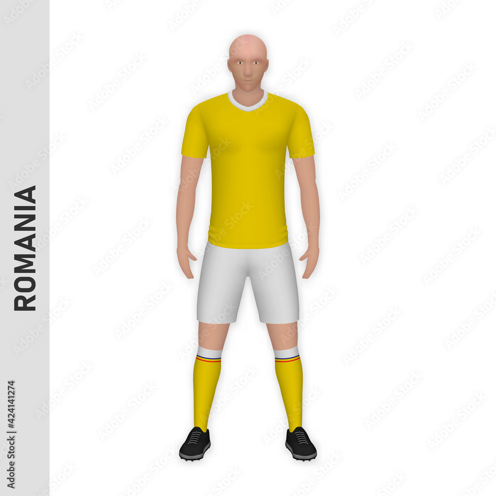 3D realistic soccer player mockup. Romania Football Team Kit template 3D realistic soccer player mockup. Romania Football Team Kit template