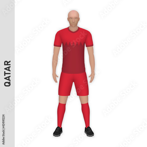 3D realistic soccer player mockup. Qatar Football Team Kit template design
