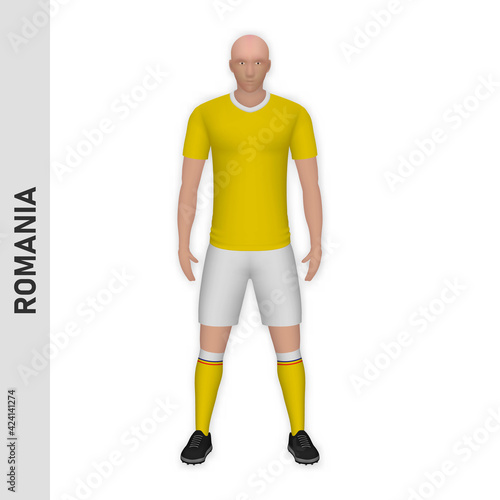 3D realistic soccer player mockup. Romania Football Team Kit template