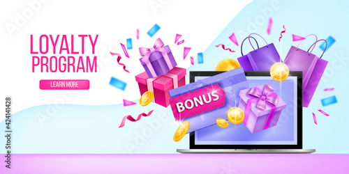 Loyalty program, customer gift card, internet reward vector landing page, laptop, present box, confetti. VIP client discount points illustration, online shopping, sale banner. Loyalty program voucher photo