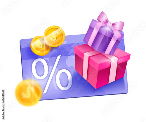 Loyalty program, customer reward gift card vector illustration, present box, golden coins. Client online shopping discount bonus points concept, e-commerce sale VIP voucher. Loyalty program design